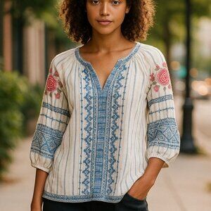 JOHNNY WAS WORKSHOP Shea Peasant Blouse S Shirt Santori Stripes ANTHROPOLOGIE